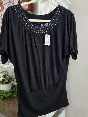 Weavers Black Scoop-Neck Blouse with Studded Yoke